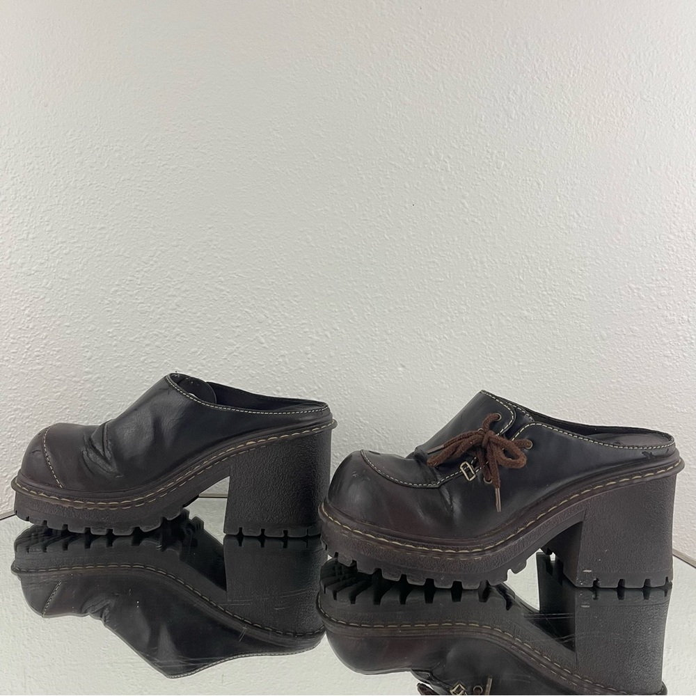 L.E.I. Vintage Y2K Brown Faux Leather Chunky Platform Lace Up Heeled Mule Shoes - Picture 9 of 12
